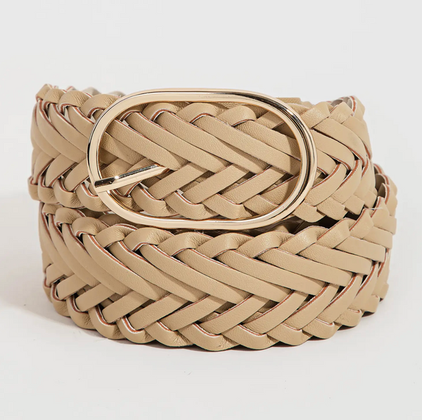 Braided Faux Leather Oval Buckle Belt - Ivory