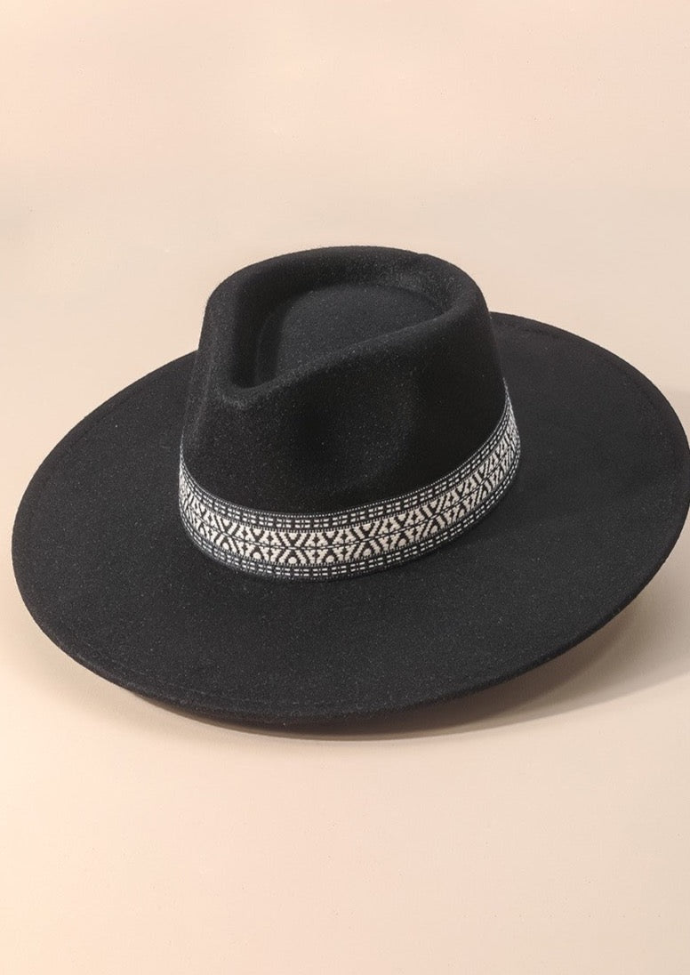Flat Brim Boho Pattern Band Fedora Hat - Black