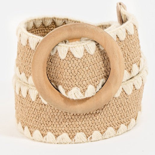 Wooden Round Buckle Braided Fashion Belt - Khaki