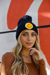 Smiley Face Ribbed Beanie: Black