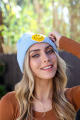 Smiley Face Ribbed Beanie: Ivory