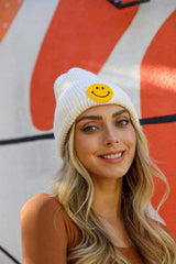 Smiley Face Ribbed Beanie: Ivory