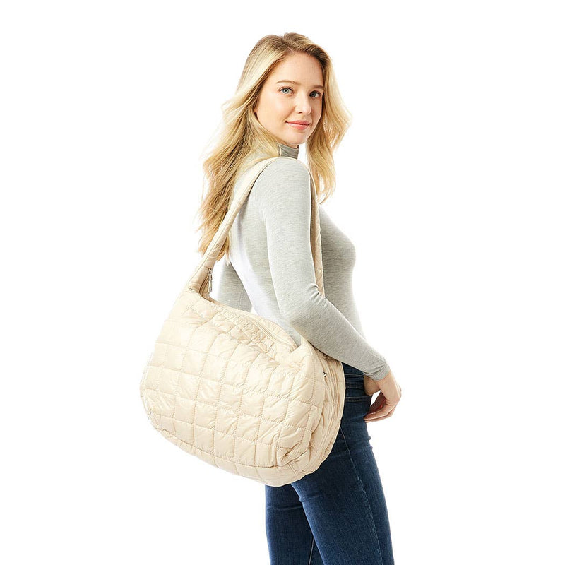 Large Quilted Puffer Bag - Beige