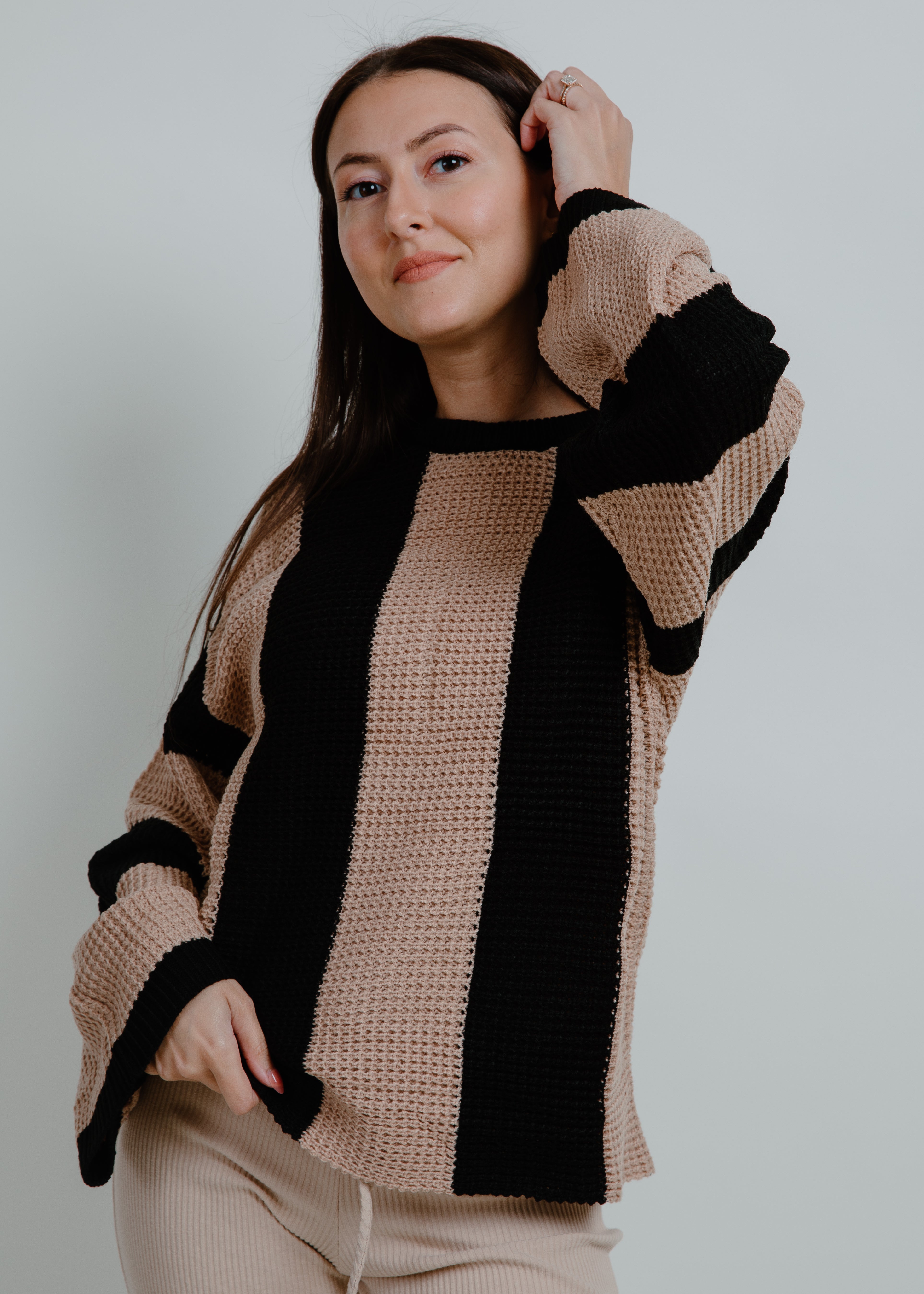 Striped bell sleeve sweater discount