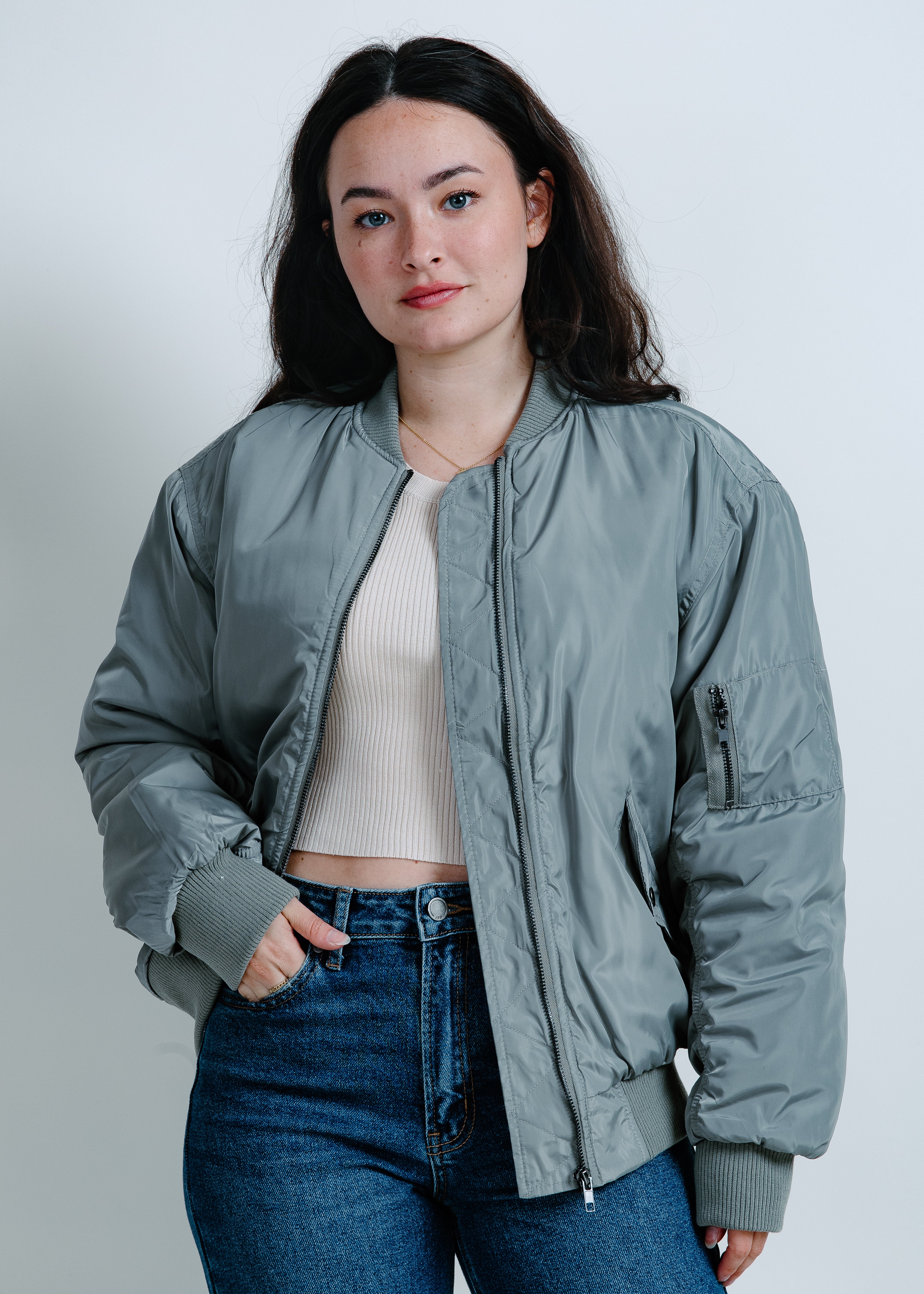 City Girl Ruched Bomber Jacket - Olive – Vinnie Louise
