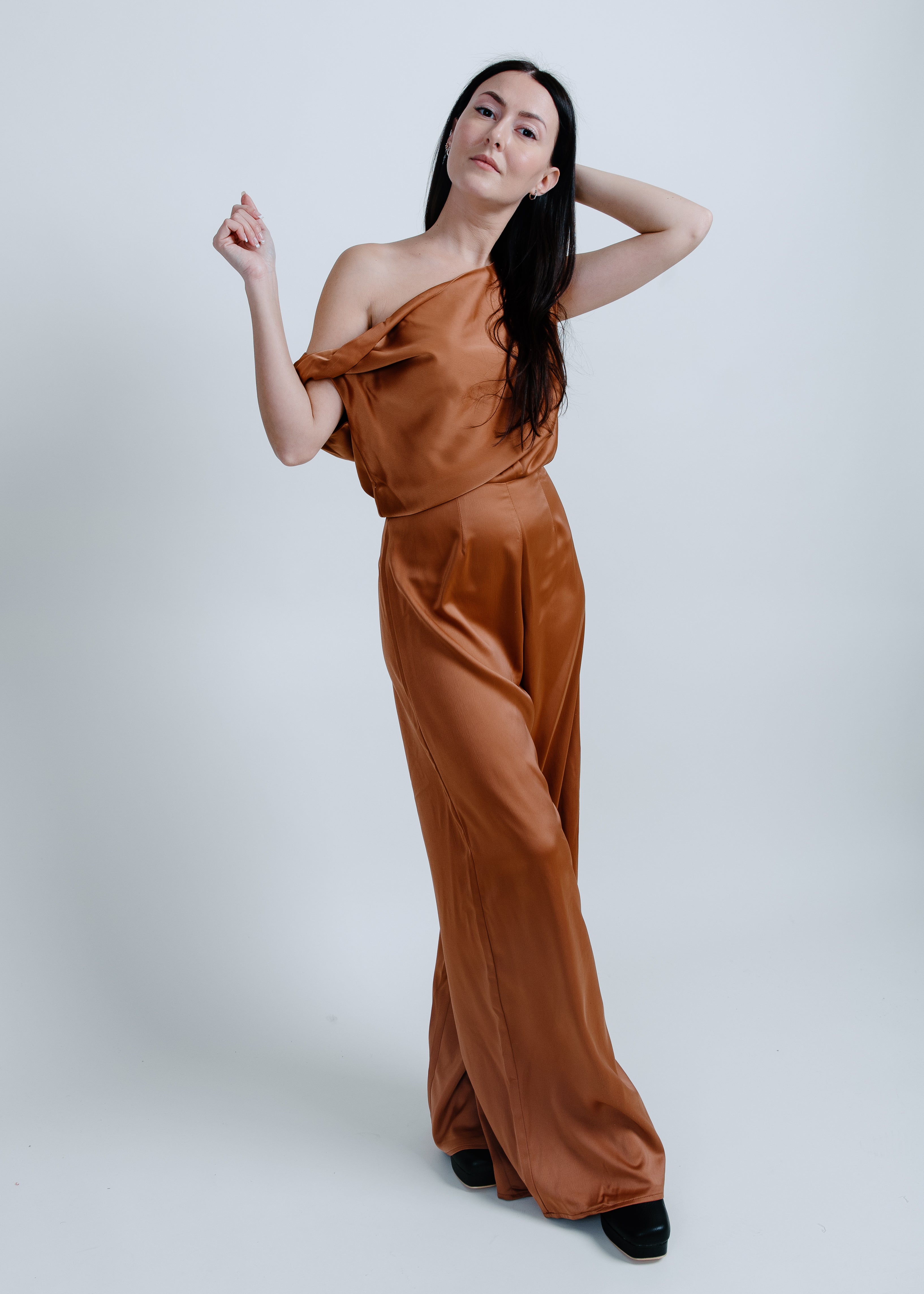 Eloise Satin Jumpsuit Burnt Orange – Vinnie Louise