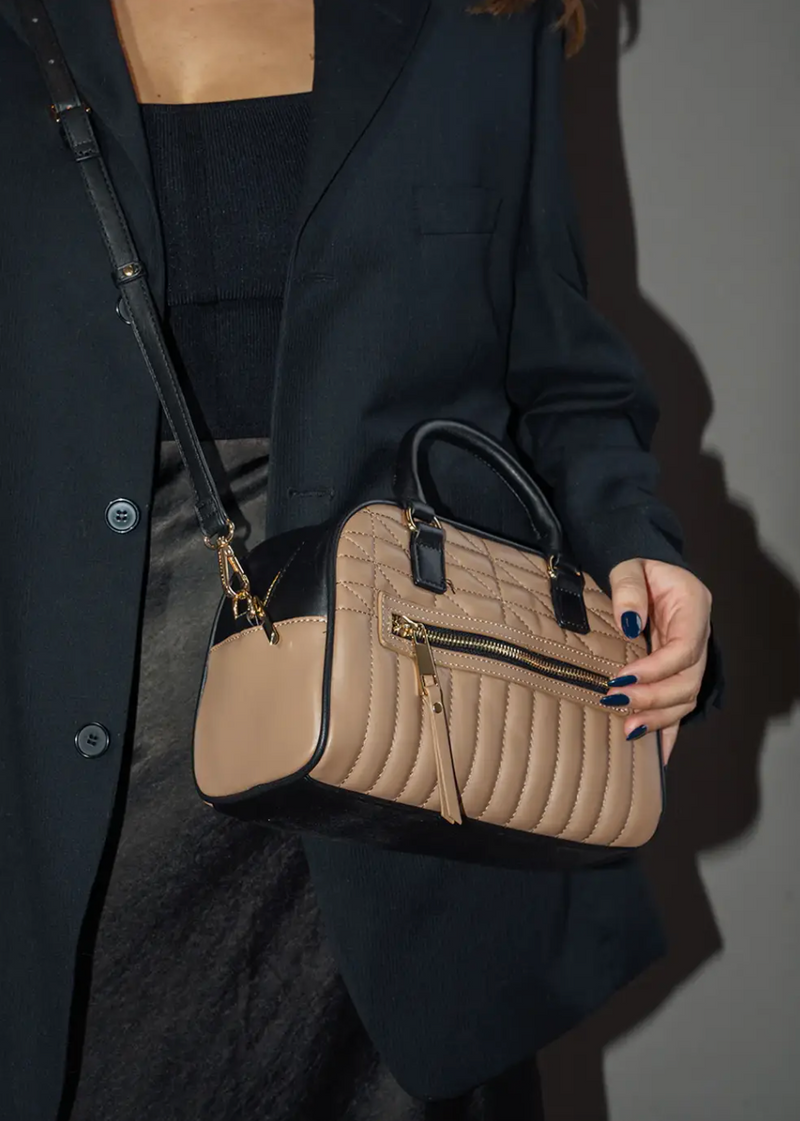 Diana Mini Bowling Satchel Bag - Taupe/Black