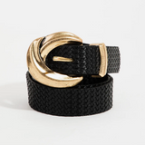 Faux Leather Weave Buckle Fashion Belt - Gold/Black