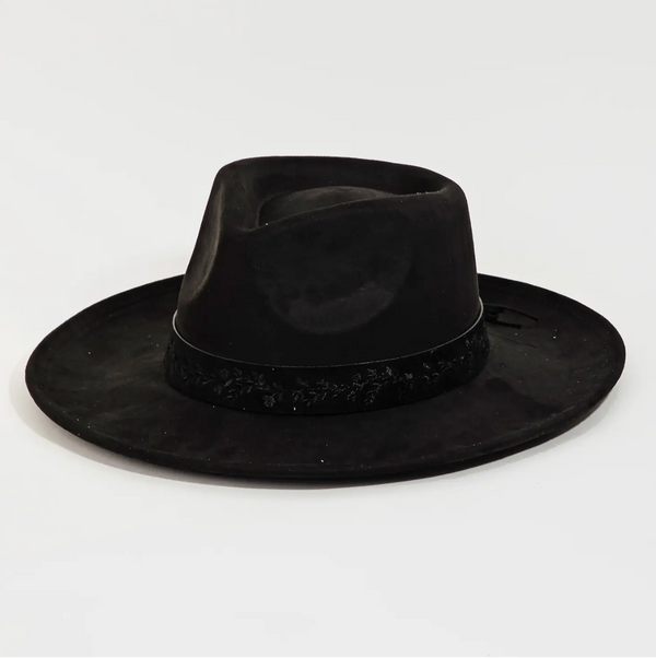 Embroidered Flower Strap Fedora Hat - Black
