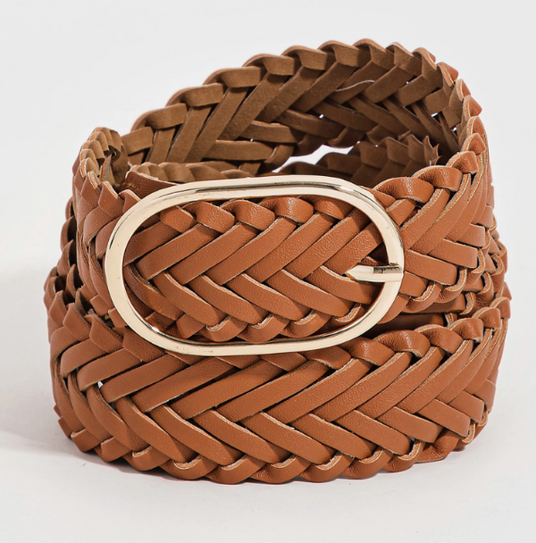 Braided Faux Leather Oval Buckle Belt - Brown