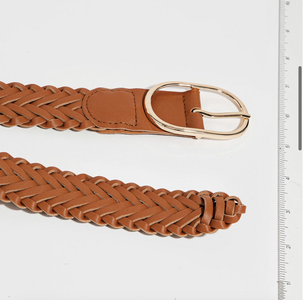 Braided Faux Leather Oval Buckle Belt - Brown