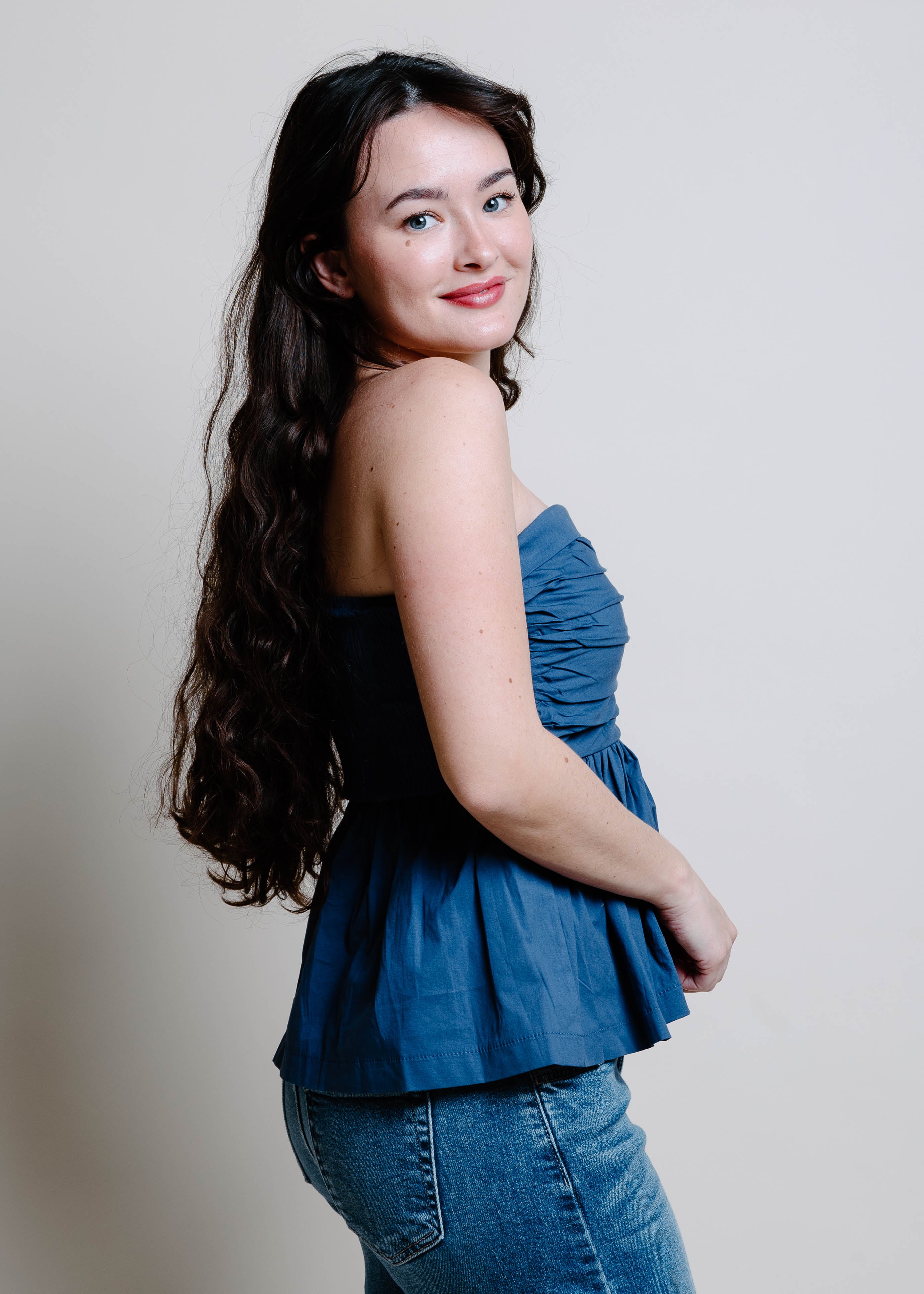 The Delanie Bubbled Peplum Top - Dusty Navy – Vinnie Louise