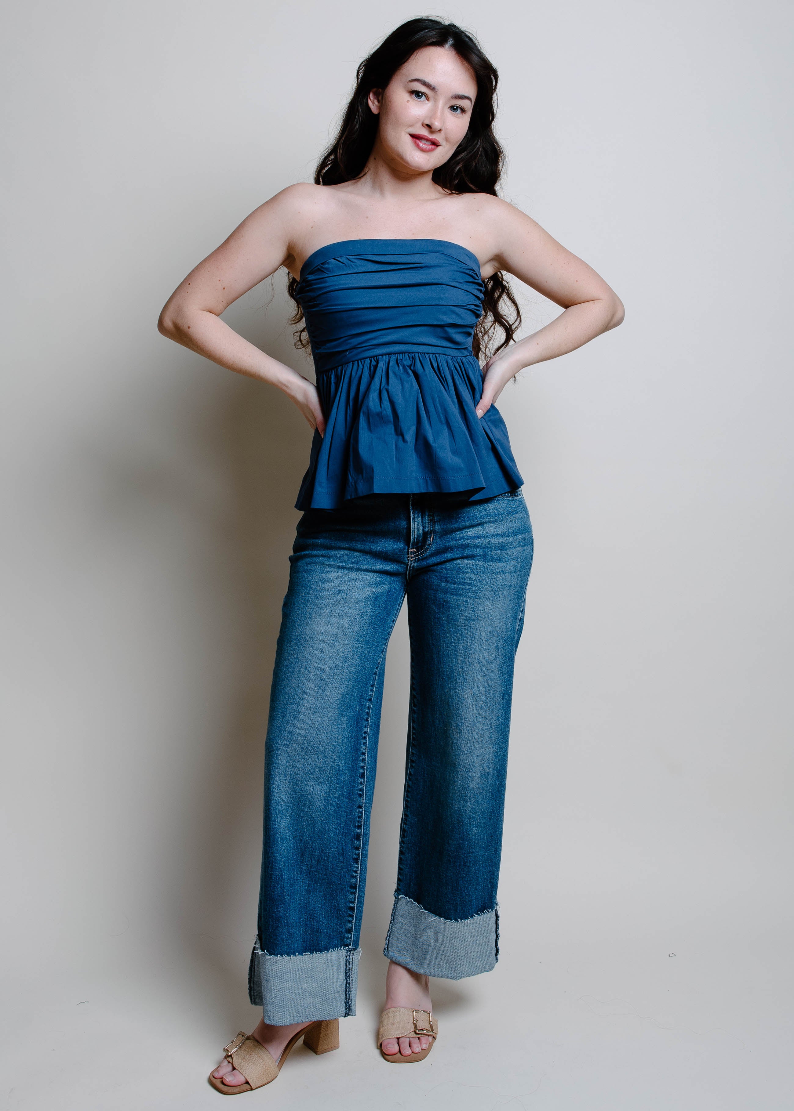 The Delanie Bubbled Peplum Top - Dusty Navy – Vinnie Louise