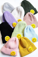 Smiley Face Ribbed Beanie: Black