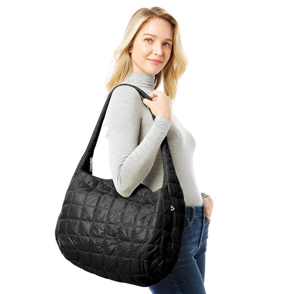 Large Quilted Puffer Bag - Black