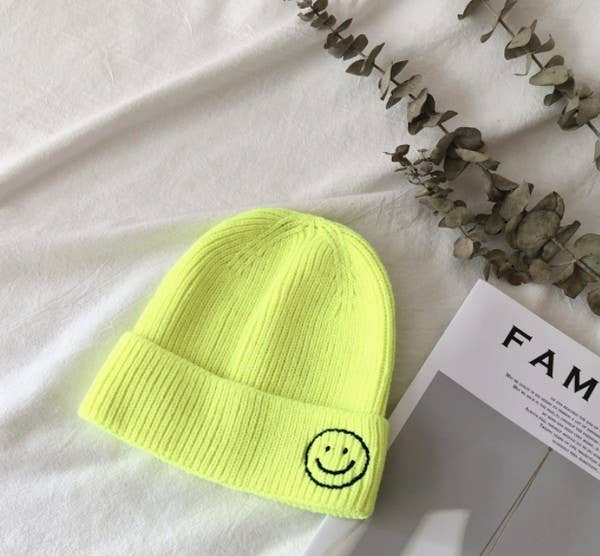 Smiley Kids Knitted Hat - Highlighter