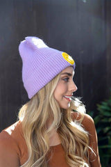 Smiley Face Ribbed Beanie: Lavender