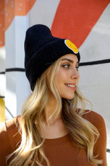 Smiley Face Ribbed Beanie: Black